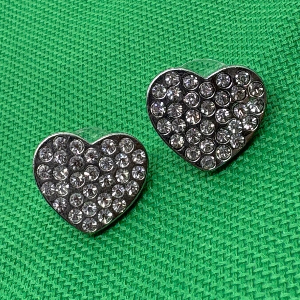 Rhinestone Heart Stud Earrings Silver Tone Sparkly Small Jewelry‎ Pierced Ears